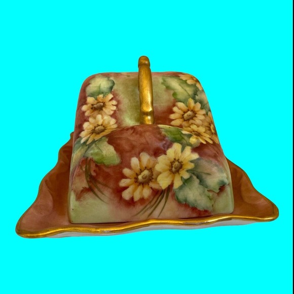 Vtg Butter Dish Cheese Dish 2 Piece Hand Decorated Sun Flowers Ceramic - Picture 2 of 9